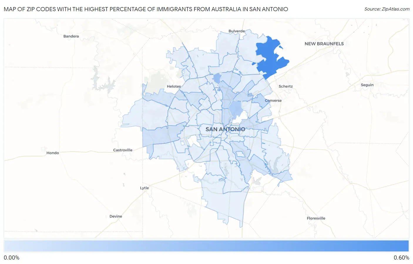 Zip Codes with the Highest Percentage of Immigrants from Australia in San Antonio Map