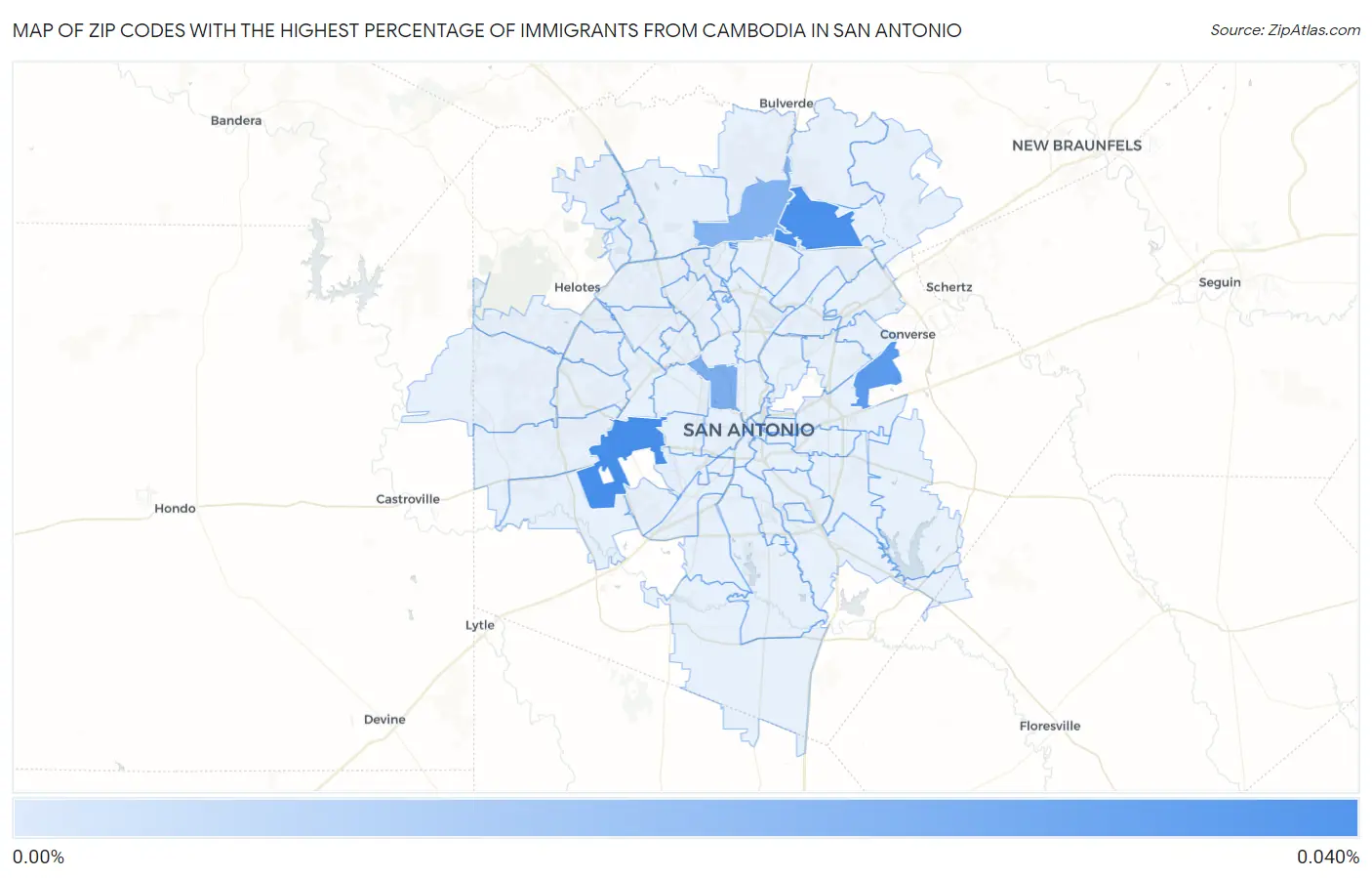 Zip Codes with the Highest Percentage of Immigrants from Cambodia in San Antonio Map