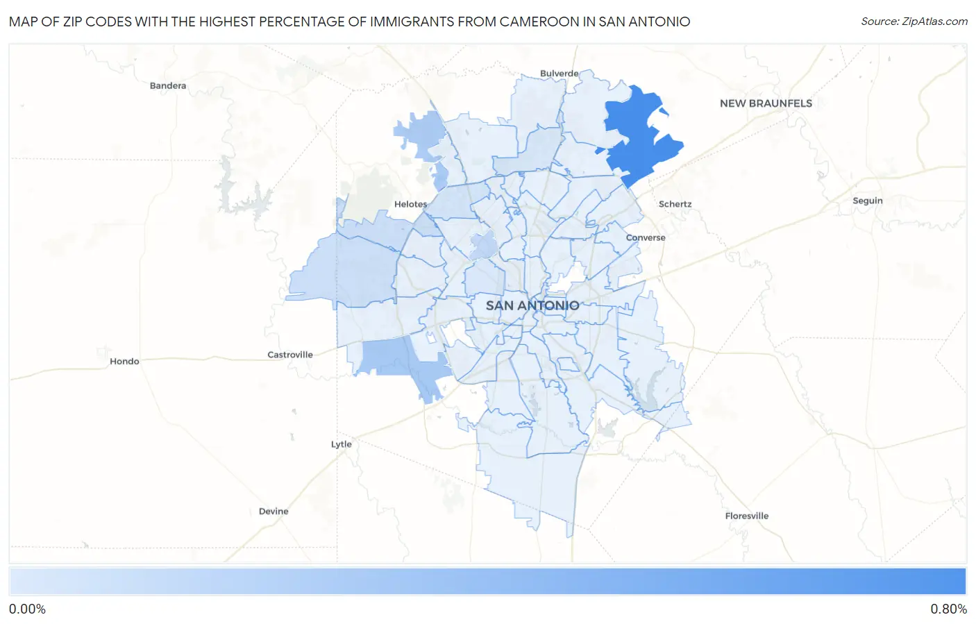 Zip Codes with the Highest Percentage of Immigrants from Cameroon in San Antonio Map
