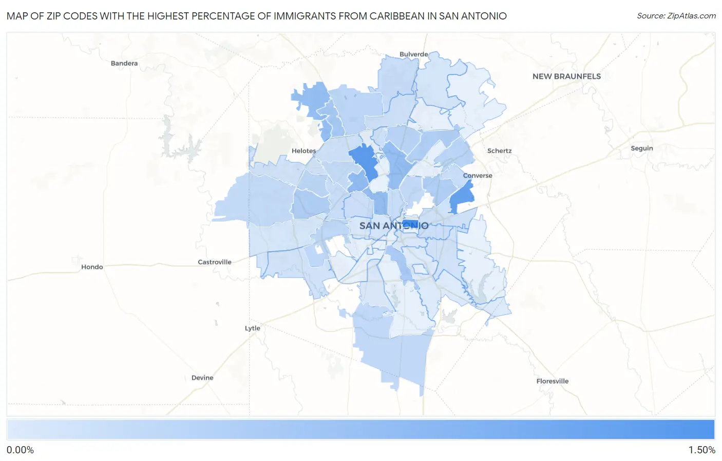 Zip Codes with the Highest Percentage of Immigrants from Caribbean in San Antonio Map