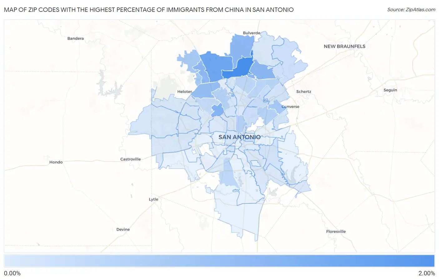Zip Codes with the Highest Percentage of Immigrants from China in San Antonio Map
