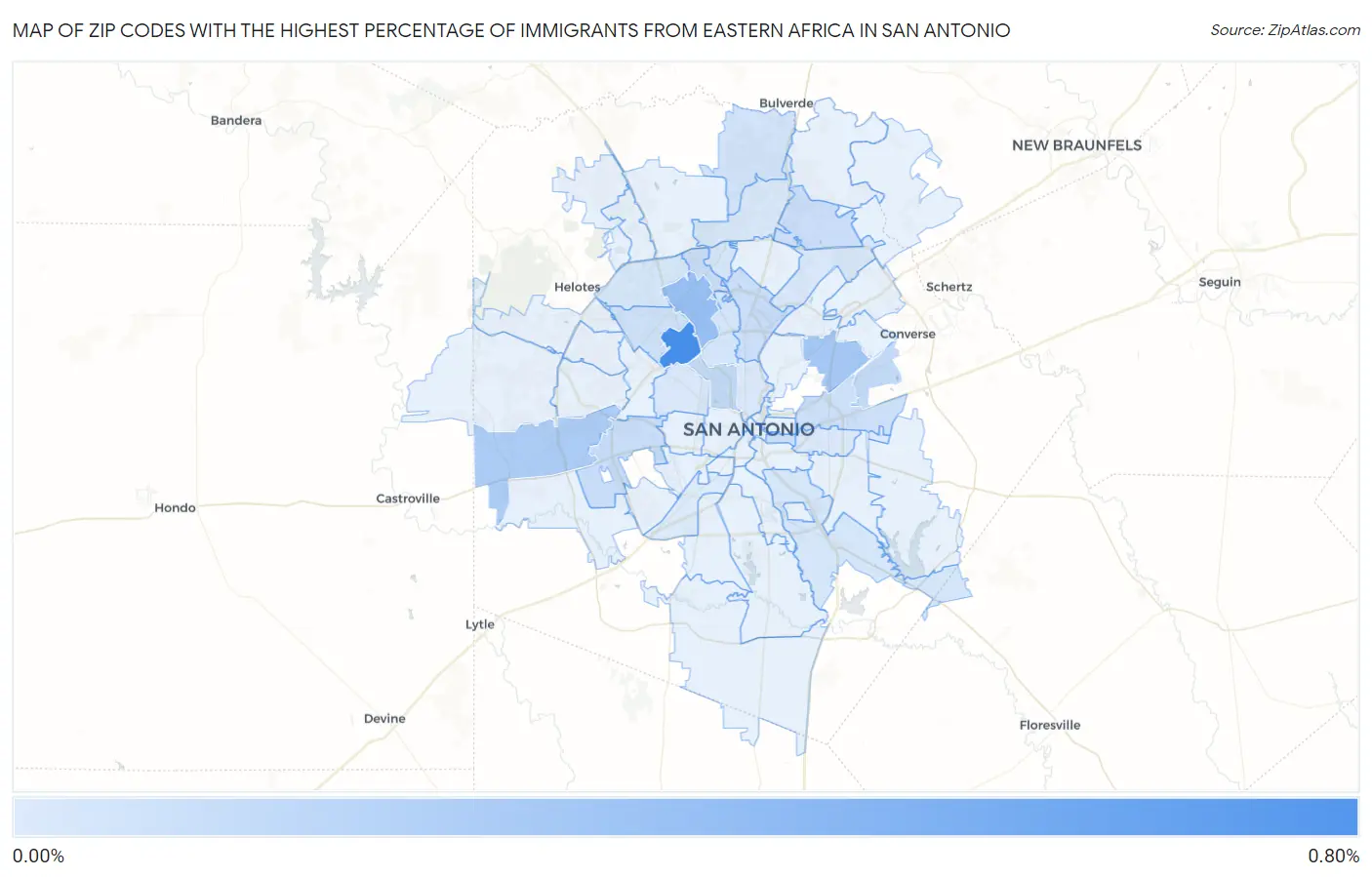 Zip Codes with the Highest Percentage of Immigrants from Eastern Africa in San Antonio Map