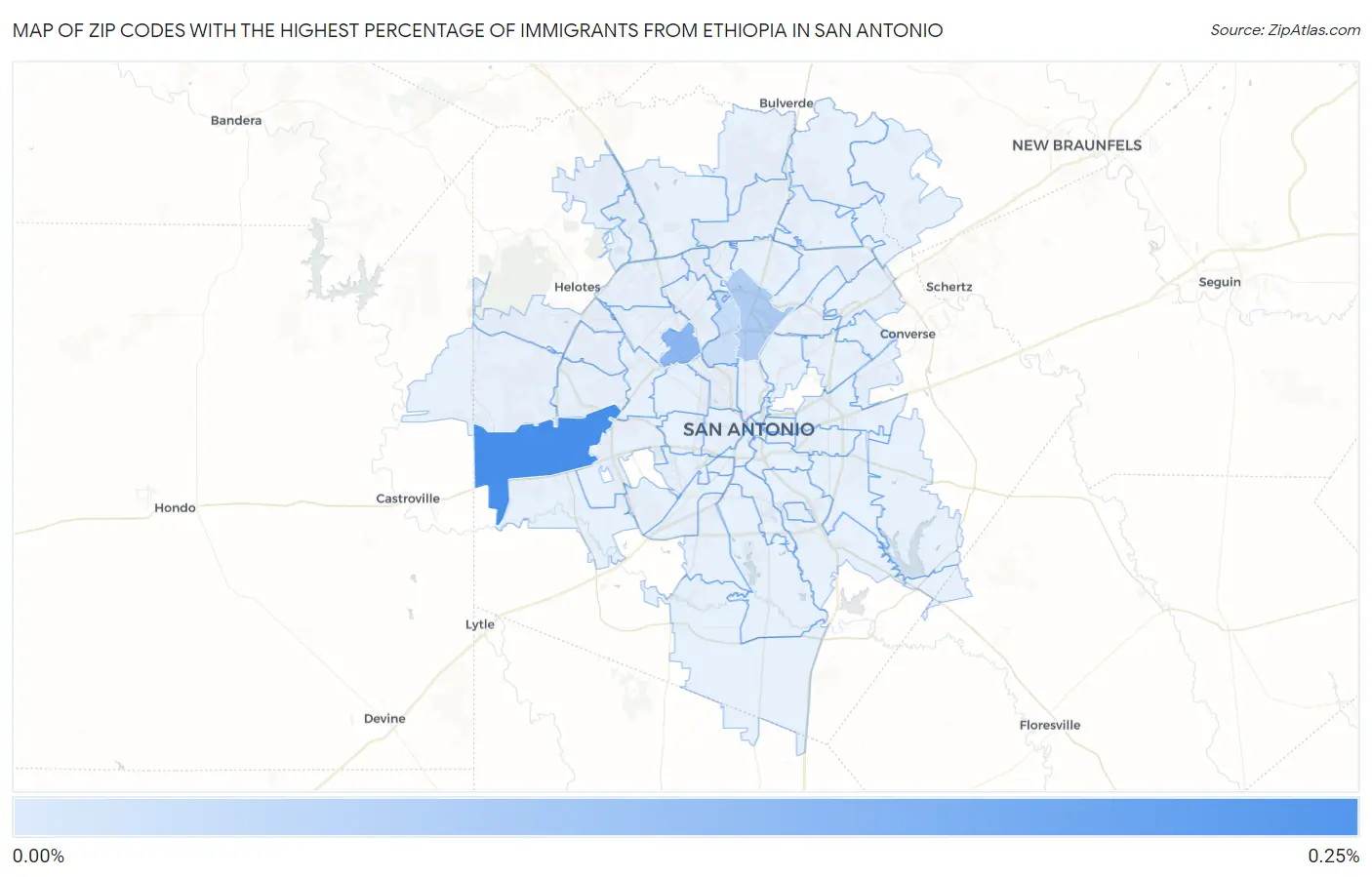 Zip Codes with the Highest Percentage of Immigrants from Ethiopia in San Antonio Map