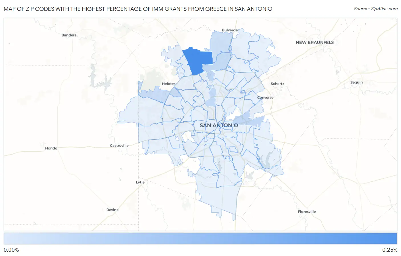 Zip Codes with the Highest Percentage of Immigrants from Greece in San Antonio Map