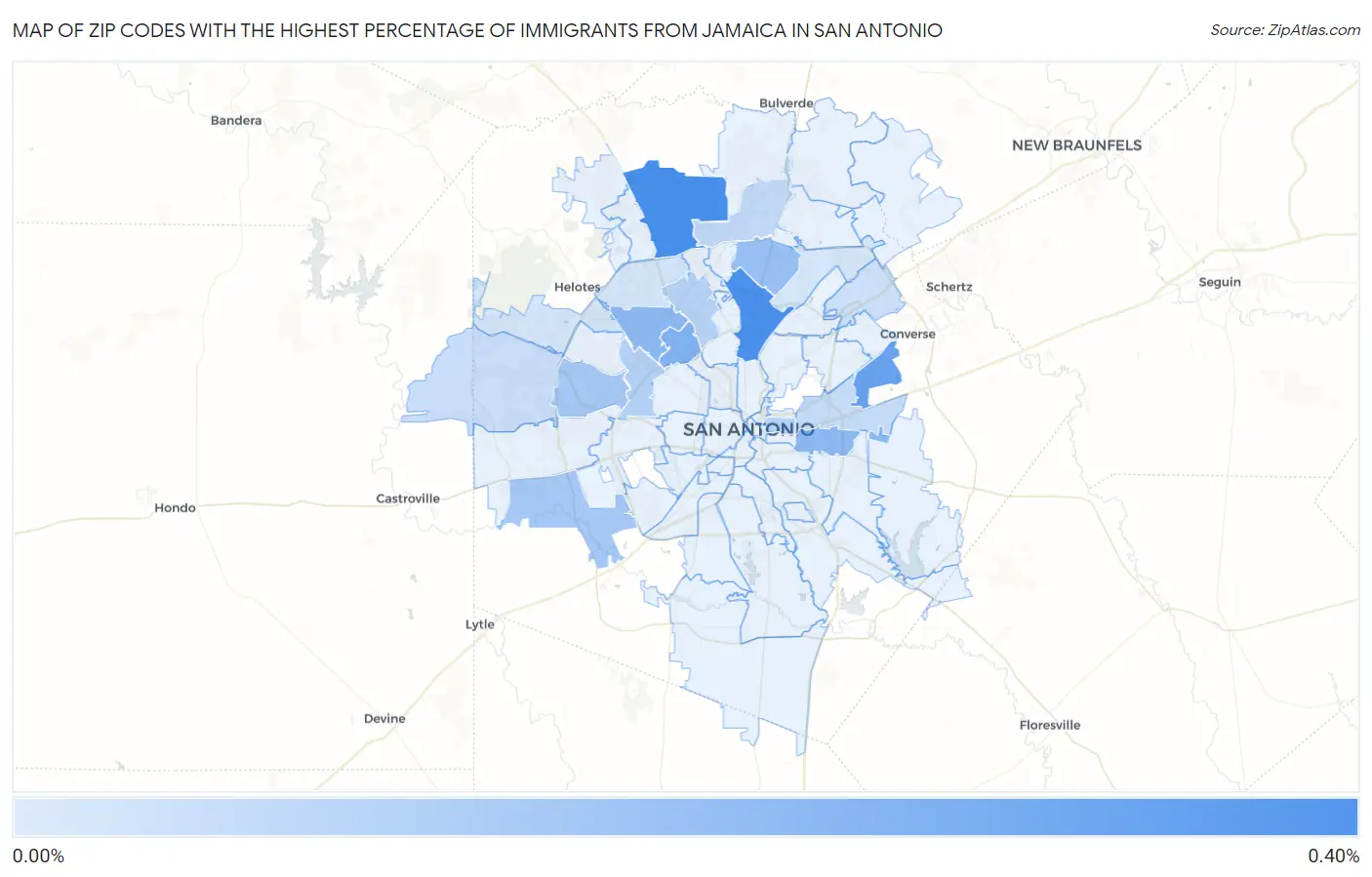 Zip Codes with the Highest Percentage of Immigrants from Jamaica in San Antonio Map