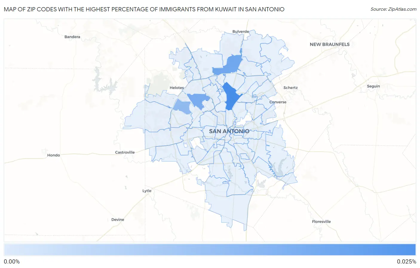 Zip Codes with the Highest Percentage of Immigrants from Kuwait in San Antonio Map