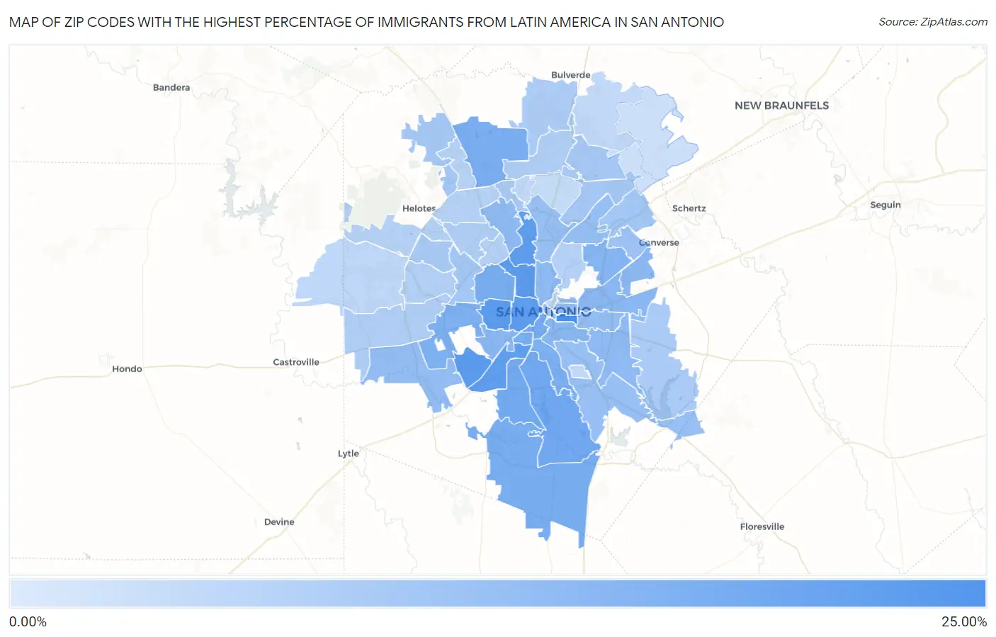 Zip Codes with the Highest Percentage of Immigrants from Latin America in San Antonio Map
