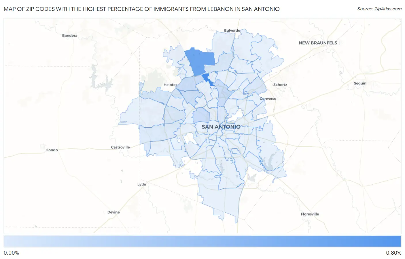 Zip Codes with the Highest Percentage of Immigrants from Lebanon in San Antonio Map
