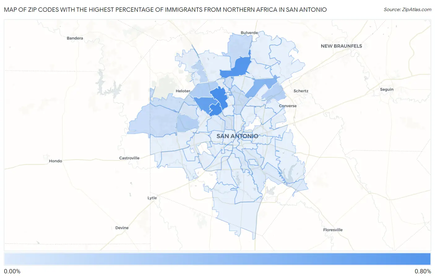 Zip Codes with the Highest Percentage of Immigrants from Northern Africa in San Antonio Map