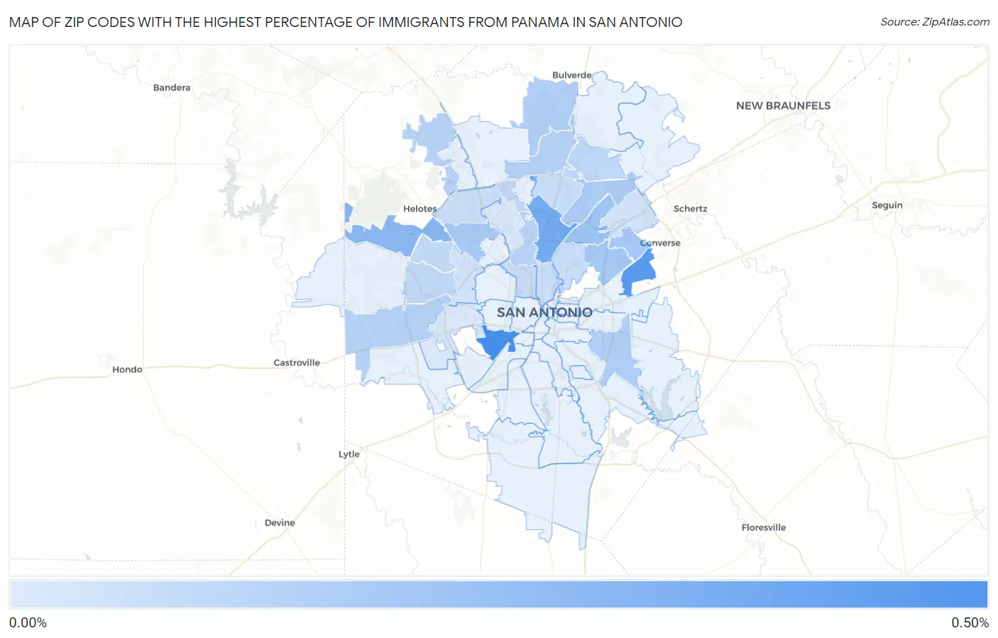 Zip Codes with the Highest Percentage of Immigrants from Panama in San Antonio Map