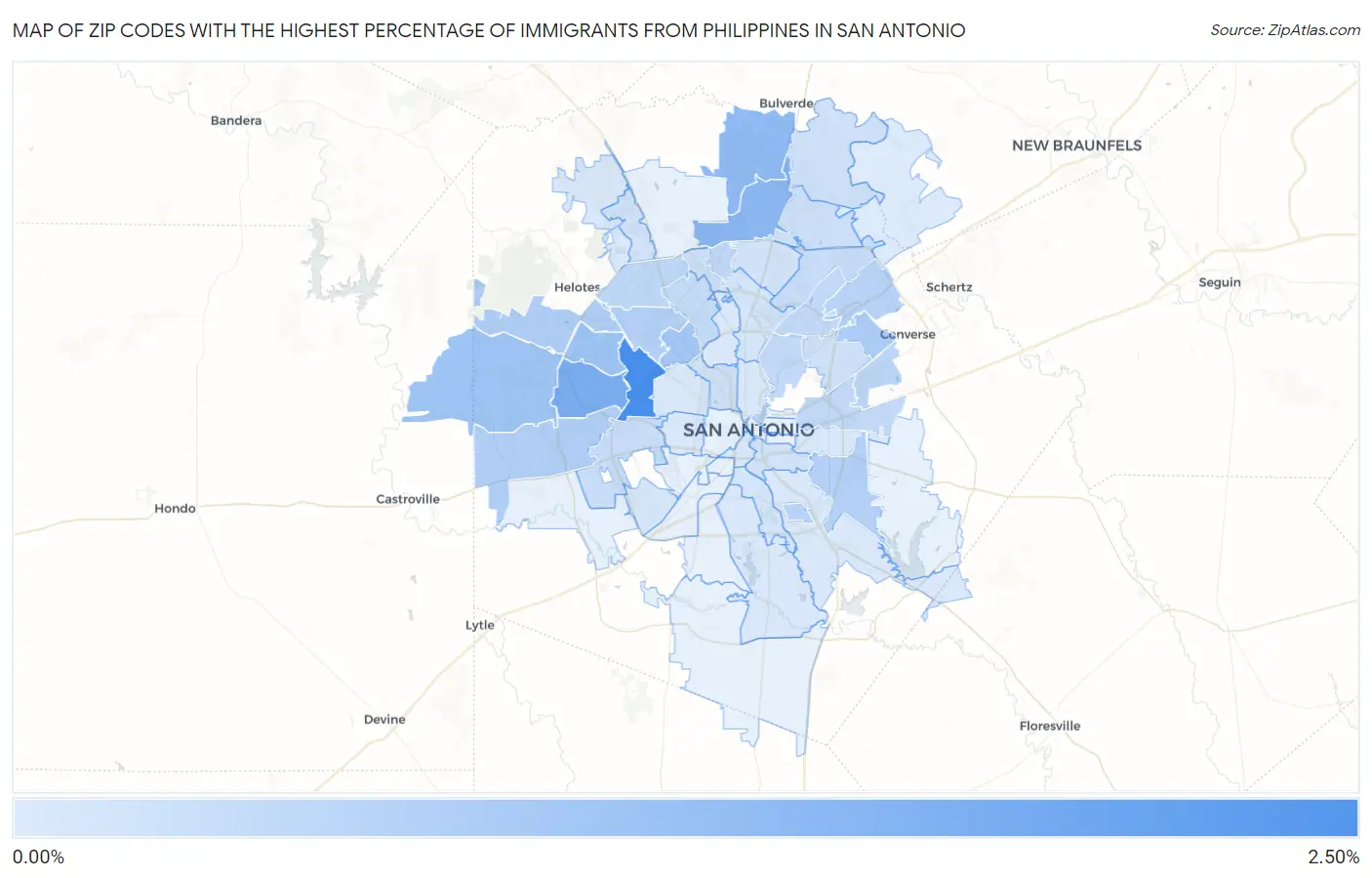 Zip Codes with the Highest Percentage of Immigrants from Philippines in San Antonio Map