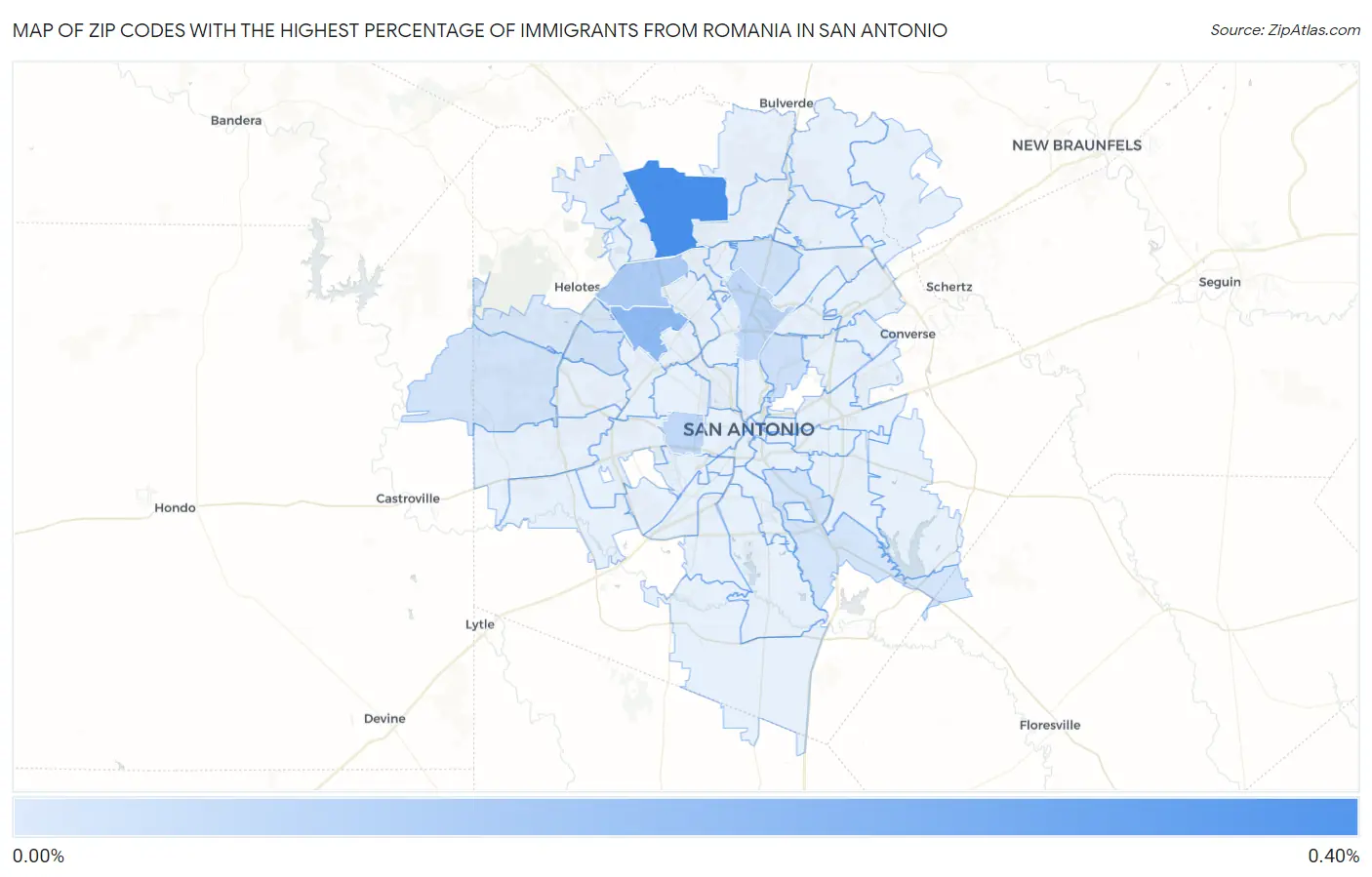 Zip Codes with the Highest Percentage of Immigrants from Romania in San Antonio Map