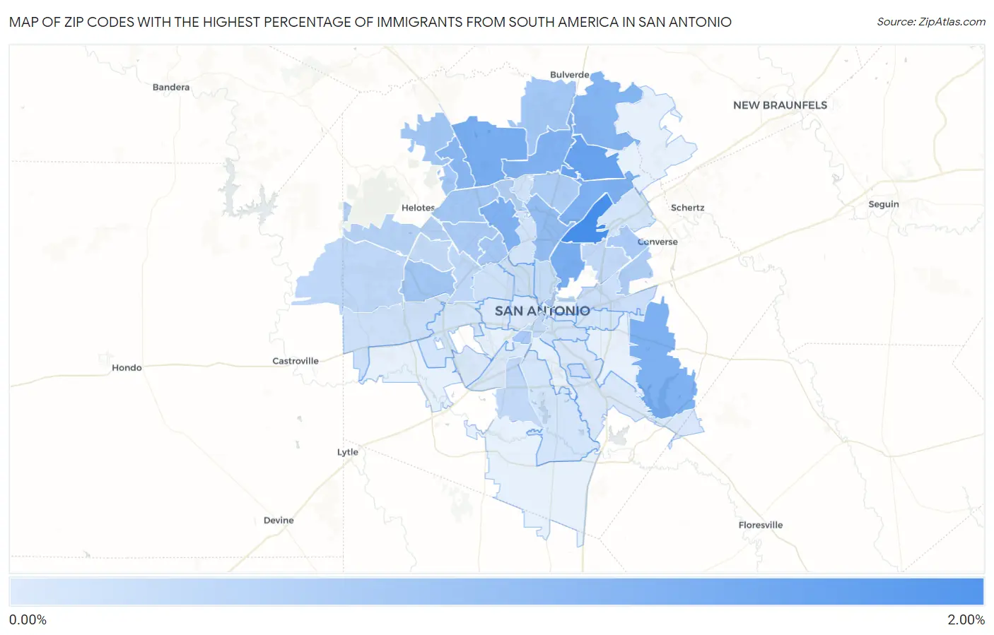 Zip Codes with the Highest Percentage of Immigrants from South America in San Antonio Map