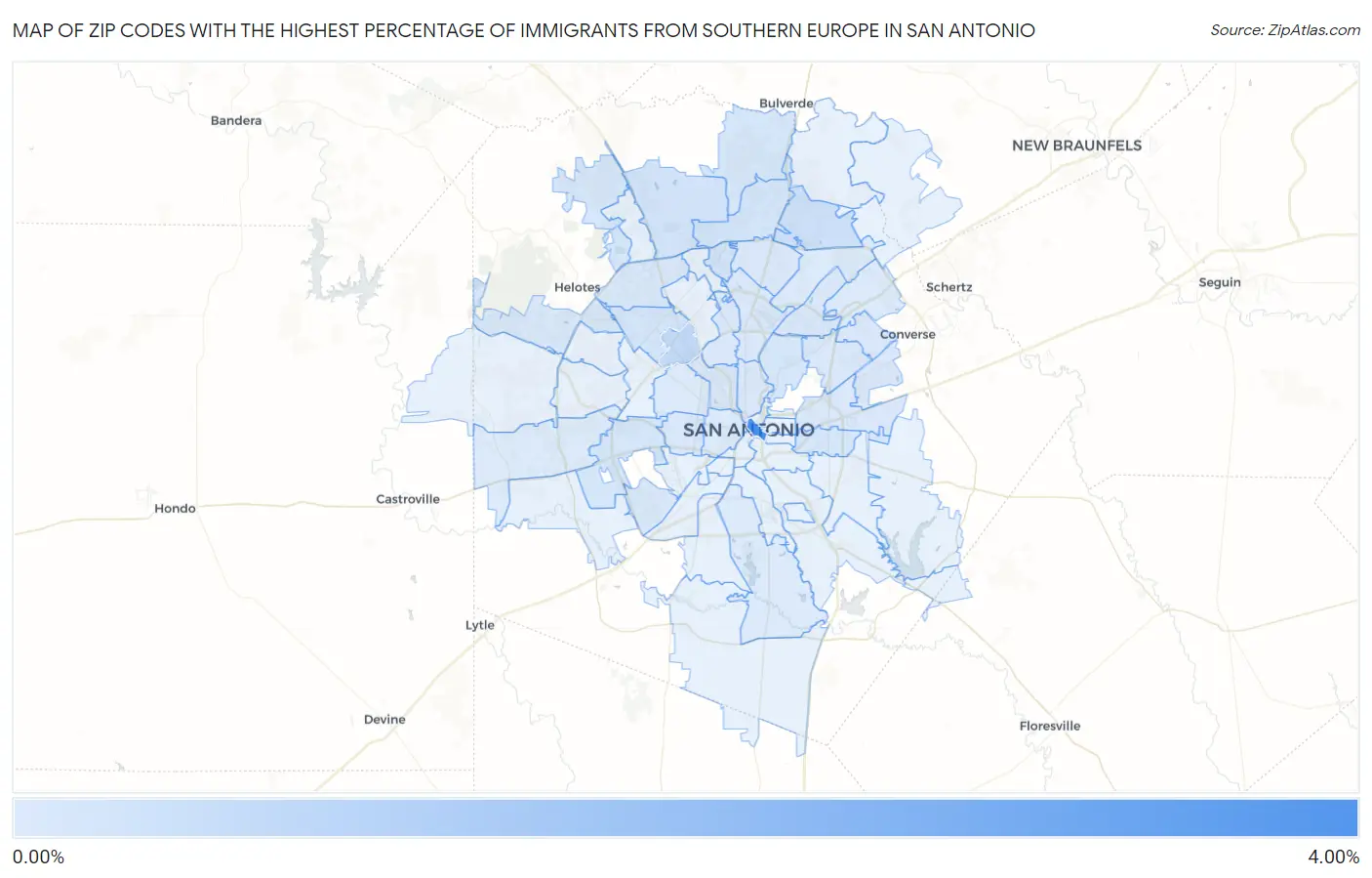 Zip Codes with the Highest Percentage of Immigrants from Southern Europe in San Antonio Map