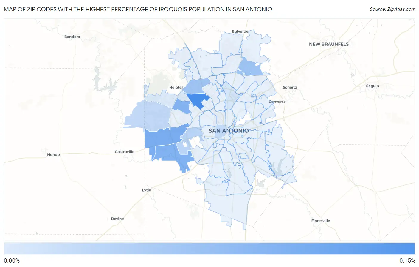 Zip Codes with the Highest Percentage of Iroquois Population in San Antonio Map