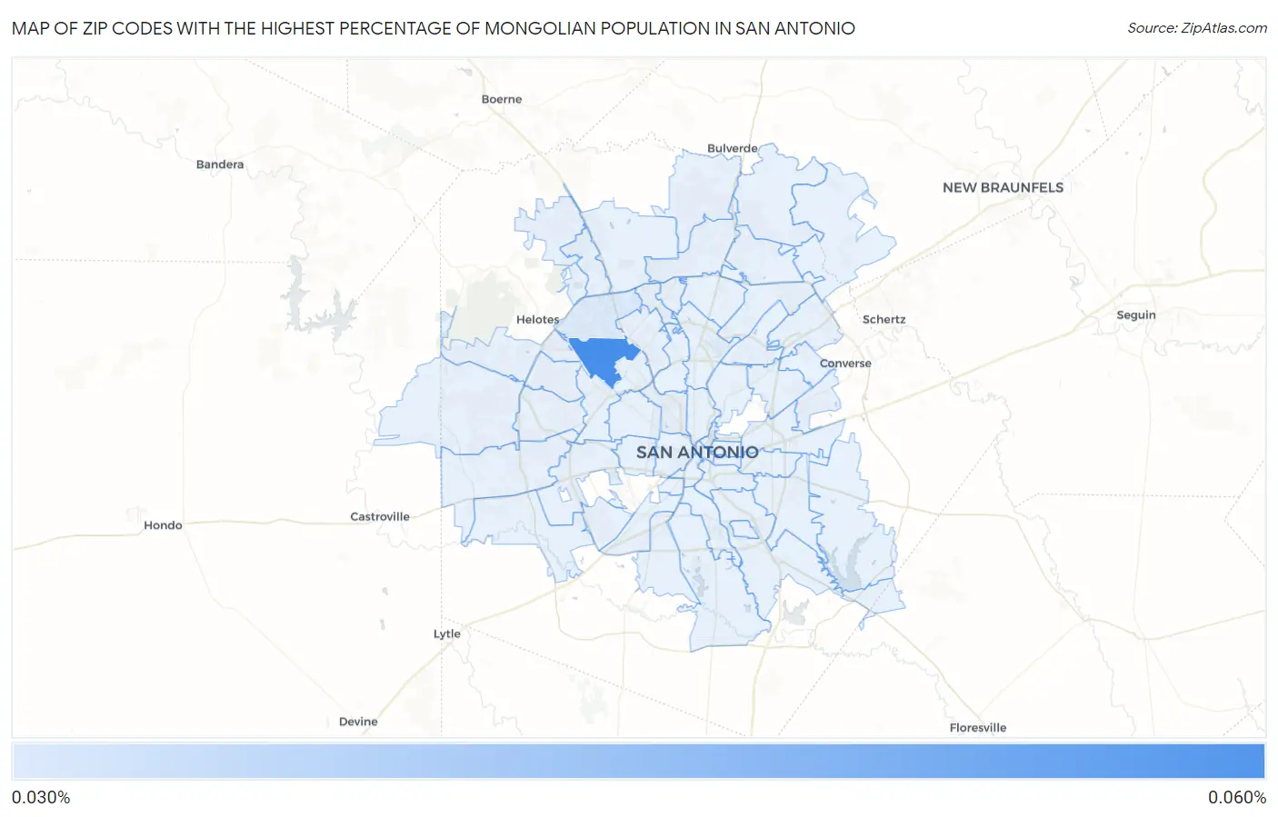 Zip Codes with the Highest Percentage of Mongolian Population in San Antonio Map