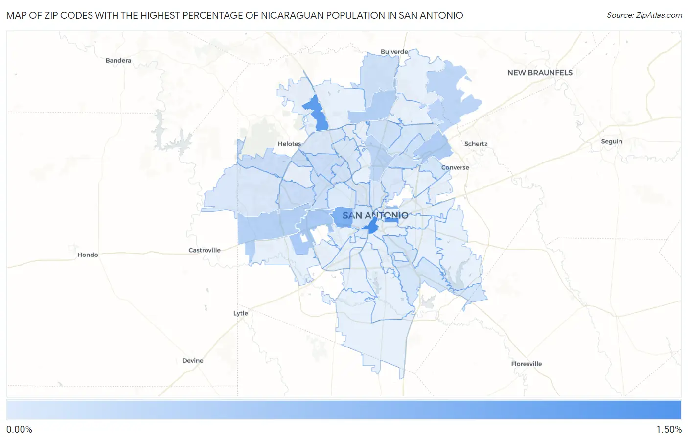 Zip Codes with the Highest Percentage of Nicaraguan Population in San Antonio Map