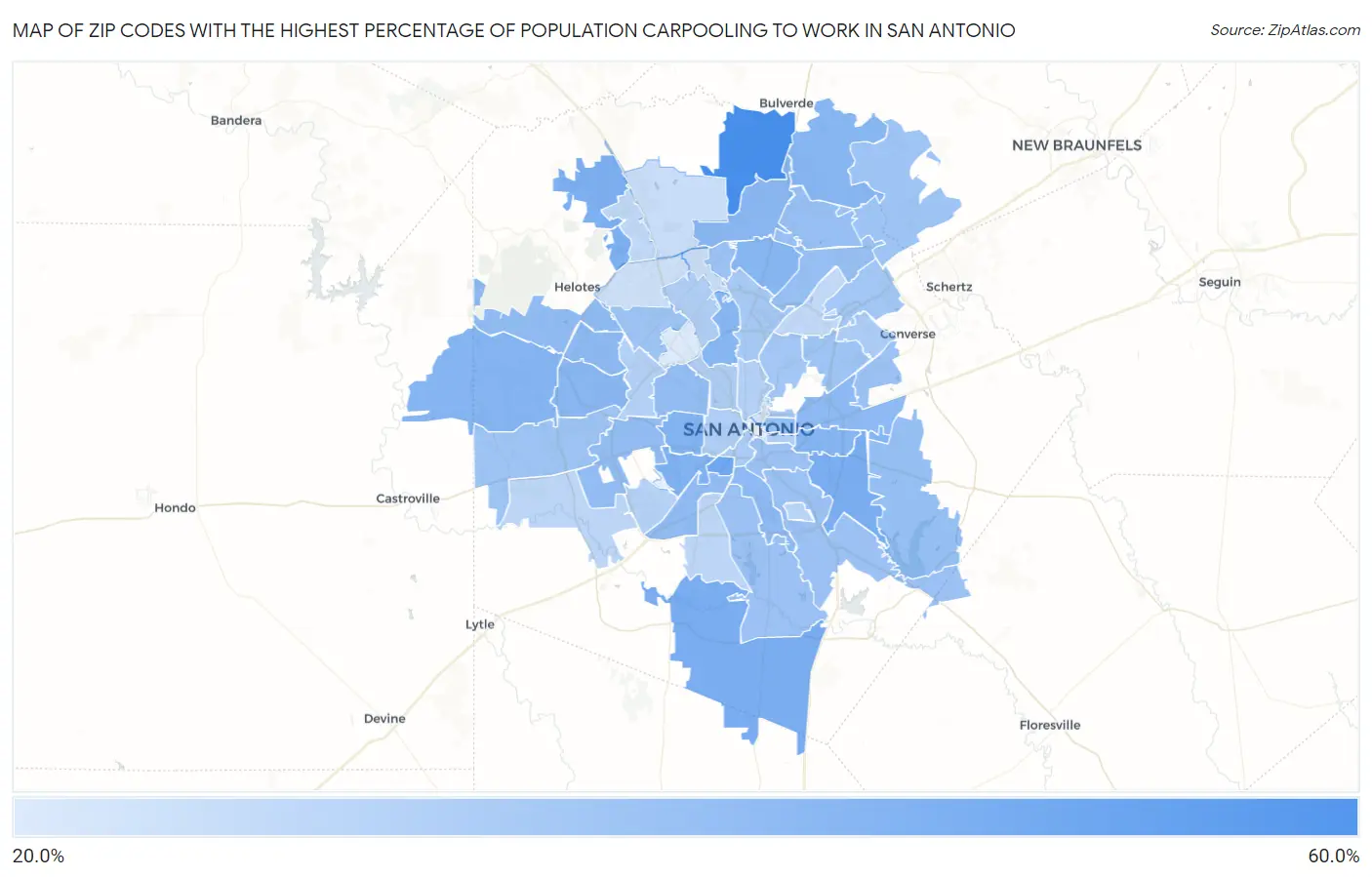 Zip Codes with the Highest Percentage of Population Carpooling to Work in San Antonio Map