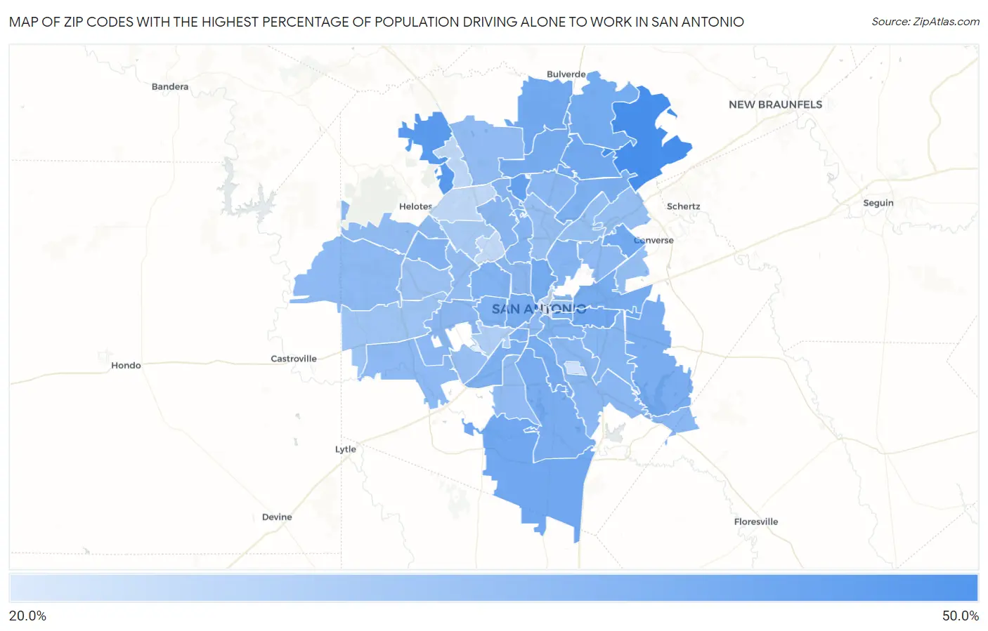 Zip Codes with the Highest Percentage of Population Driving Alone to Work in San Antonio Map