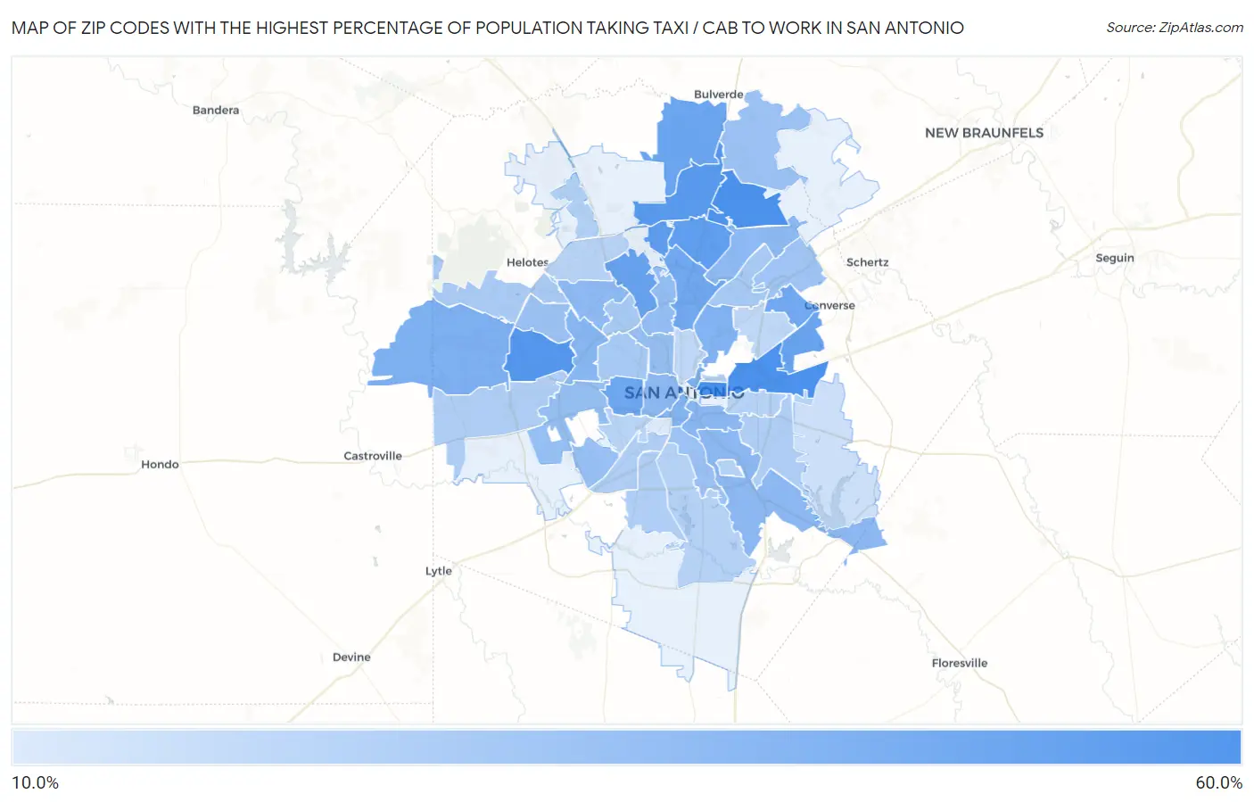 Zip Codes with the Highest Percentage of Population Taking Taxi / Cab to Work in San Antonio Map