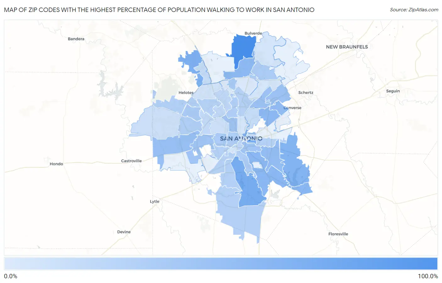 Zip Codes with the Highest Percentage of Population Walking to Work in San Antonio Map