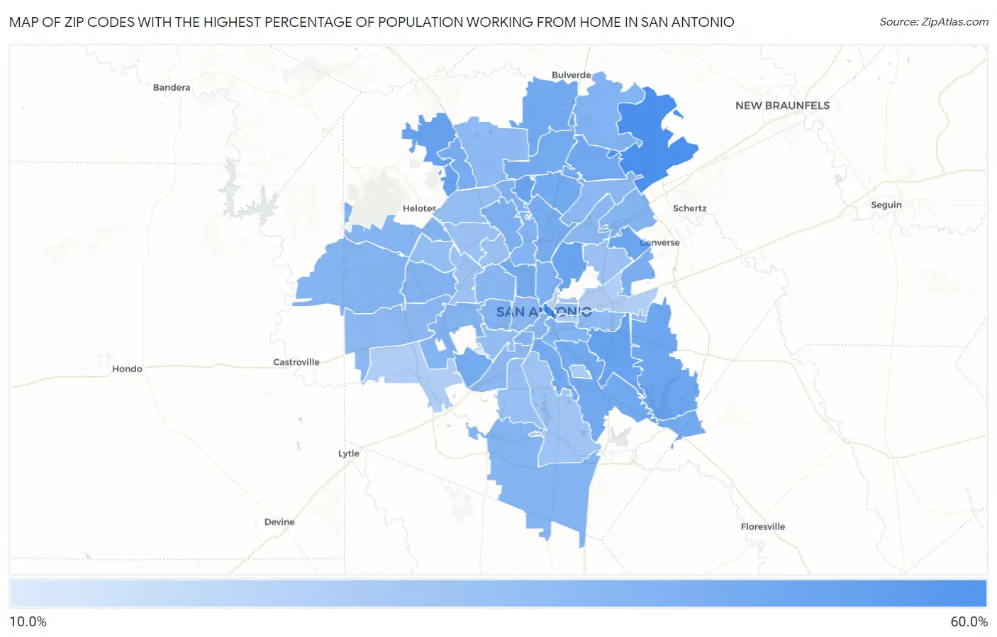 Zip Codes with the Highest Percentage of Population Working from Home in San Antonio Map