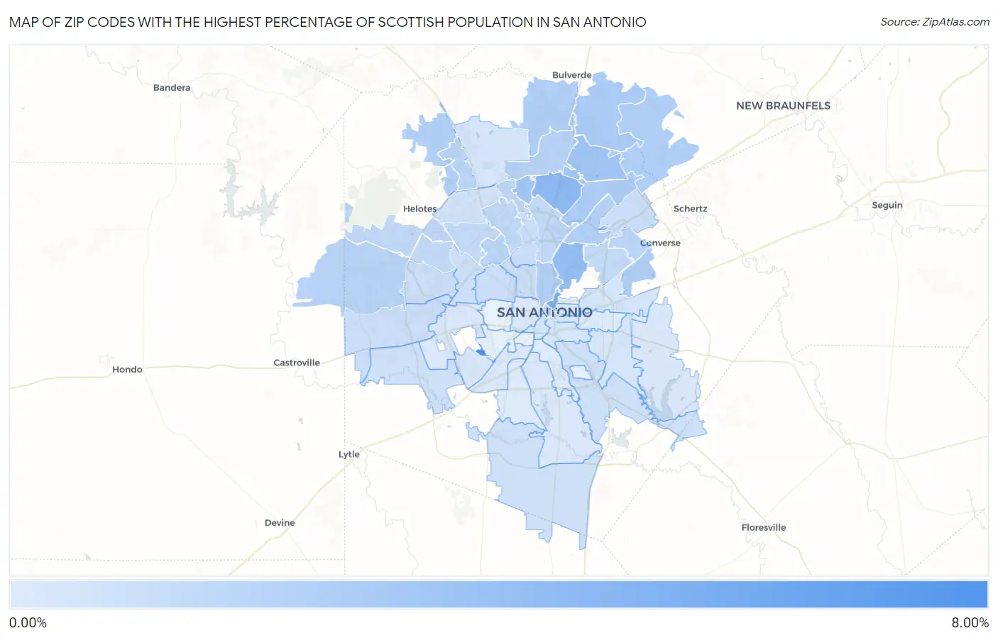 Zip Codes with the Highest Percentage of Scottish Population in San Antonio Map