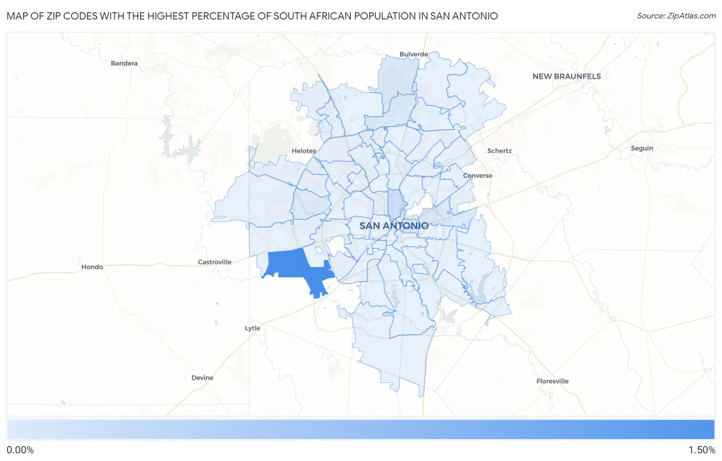 Zip Codes with the Highest Percentage of South African Population in San Antonio Map