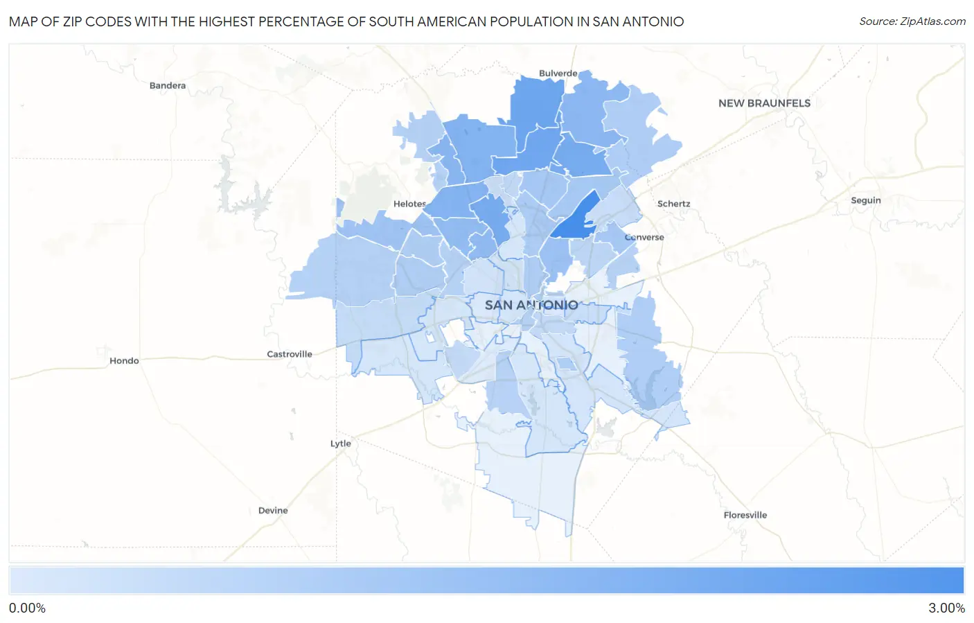Zip Codes with the Highest Percentage of South American Population in San Antonio Map