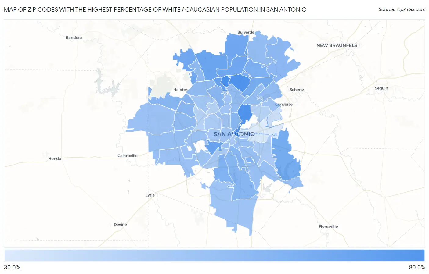 Zip Codes with the Highest Percentage of White / Caucasian Population in San Antonio Map