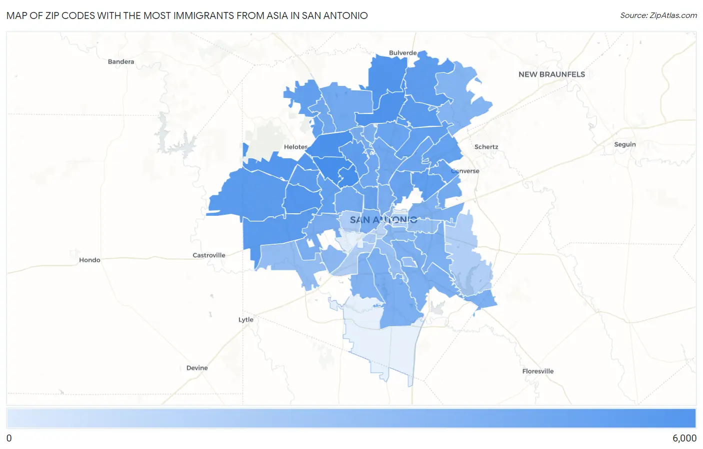 Zip Codes with the Most Immigrants from Asia in San Antonio Map
