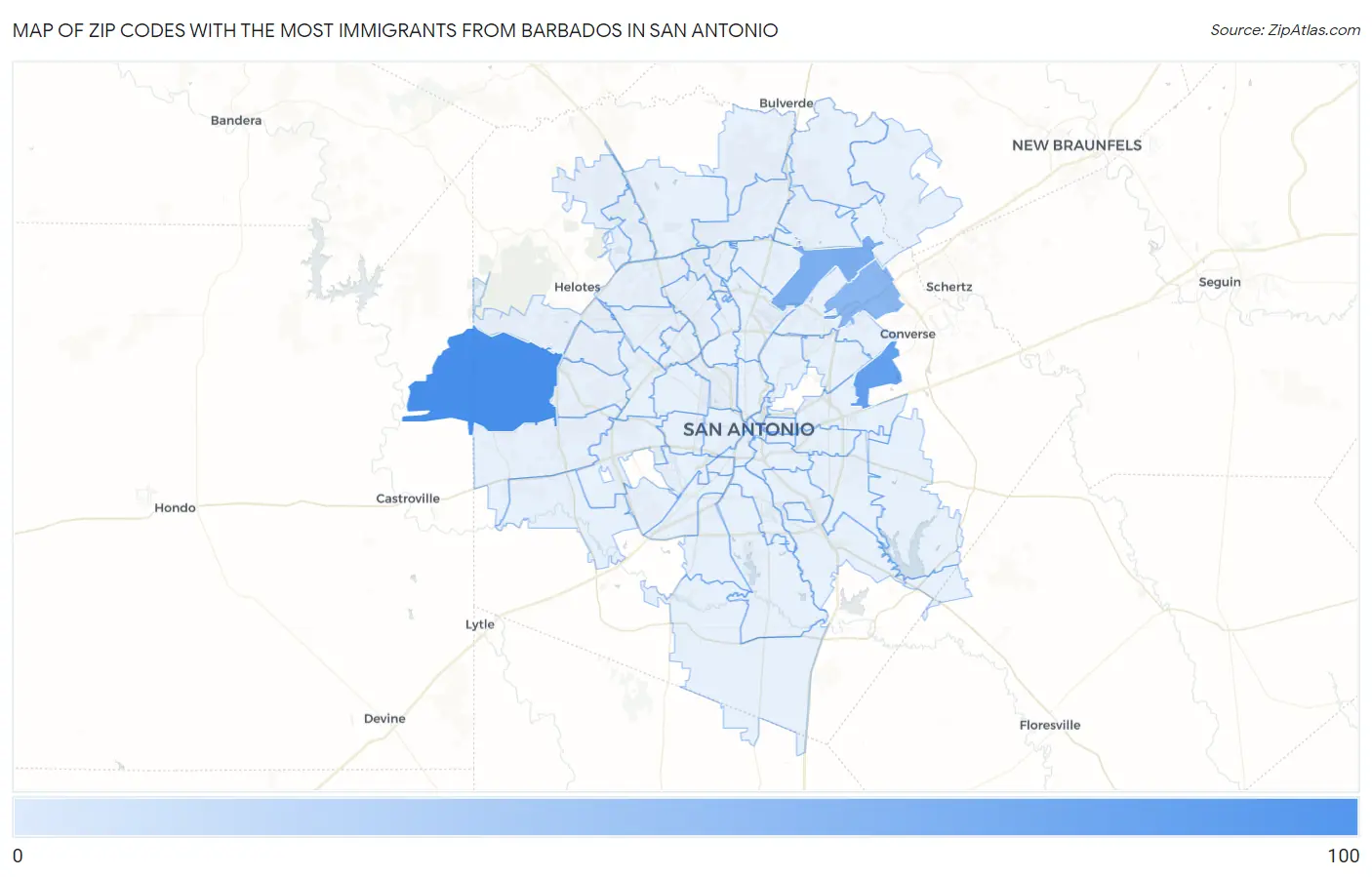 Zip Codes with the Most Immigrants from Barbados in San Antonio Map