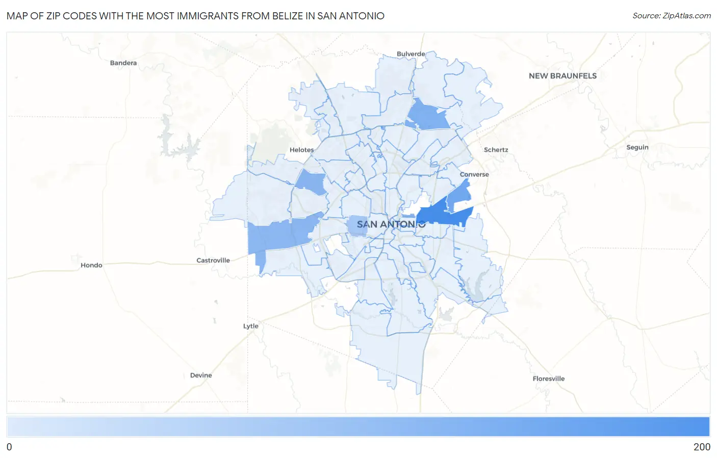 Zip Codes with the Most Immigrants from Belize in San Antonio Map