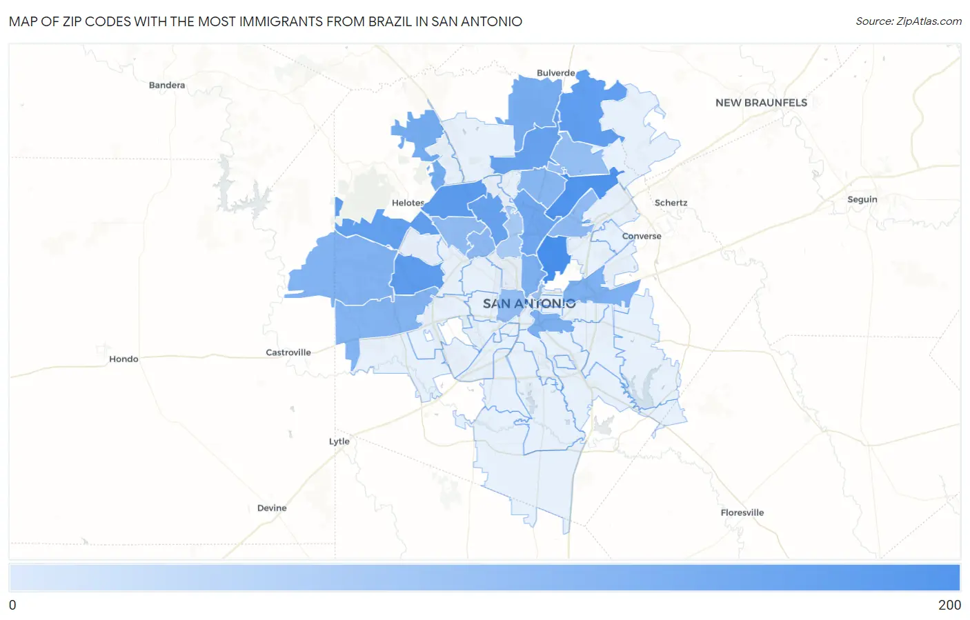Zip Codes with the Most Immigrants from Brazil in San Antonio Map