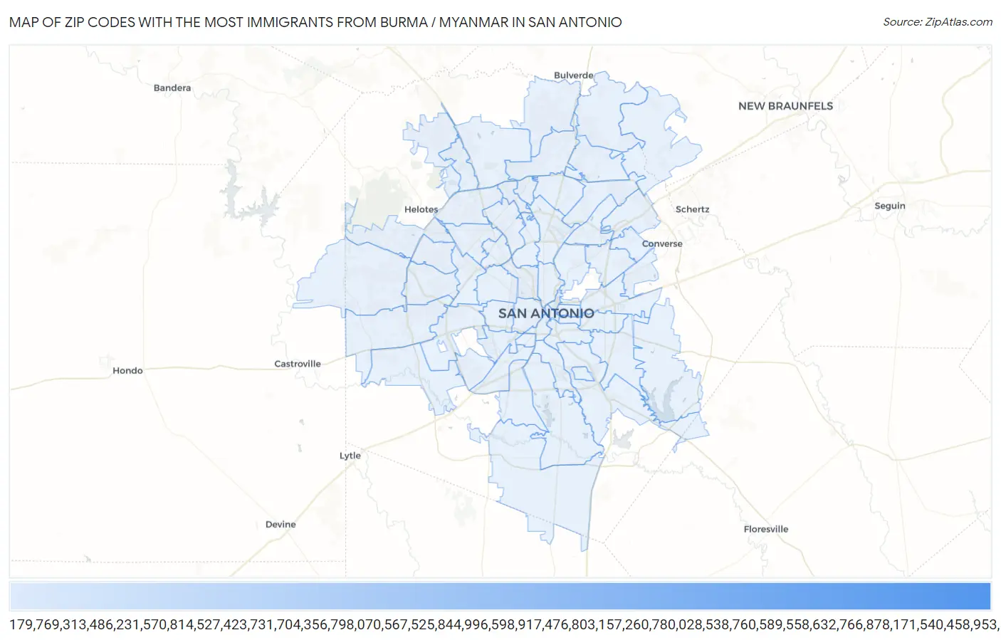 Zip Codes with the Most Immigrants from Burma / Myanmar in San Antonio Map