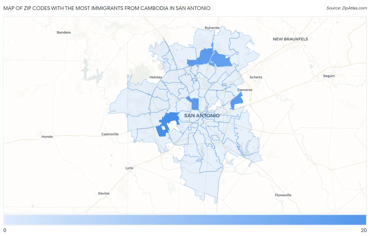 Zip Codes with the Most Immigrants from Cambodia in San Antonio Map