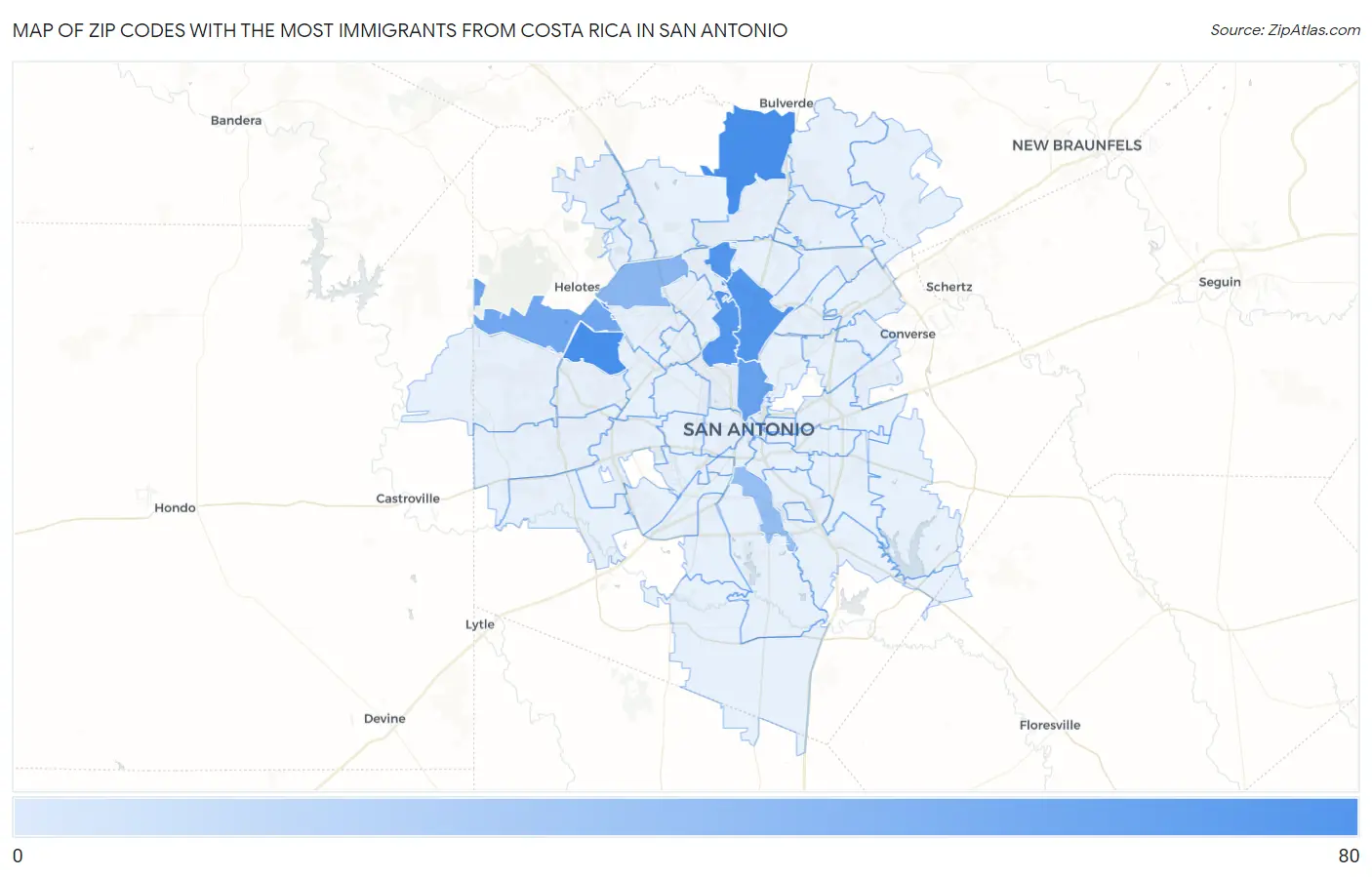Zip Codes with the Most Immigrants from Costa Rica in San Antonio Map