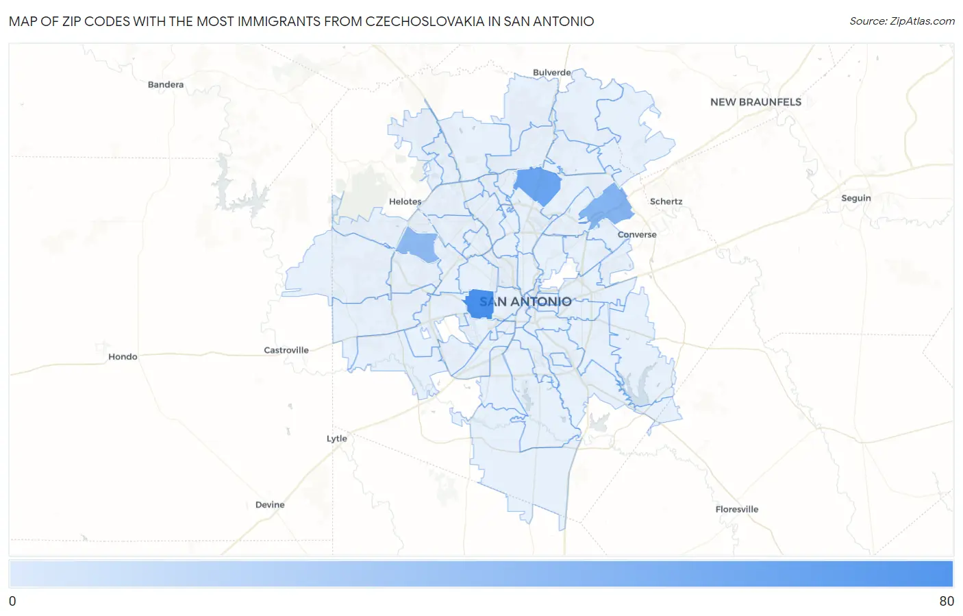 Zip Codes with the Most Immigrants from Czechoslovakia in San Antonio Map