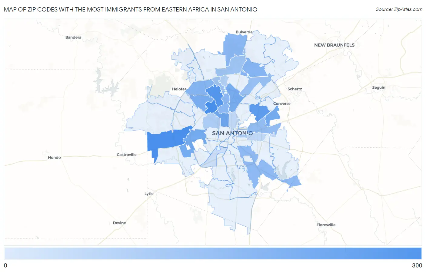 Zip Codes with the Most Immigrants from Eastern Africa in San Antonio Map