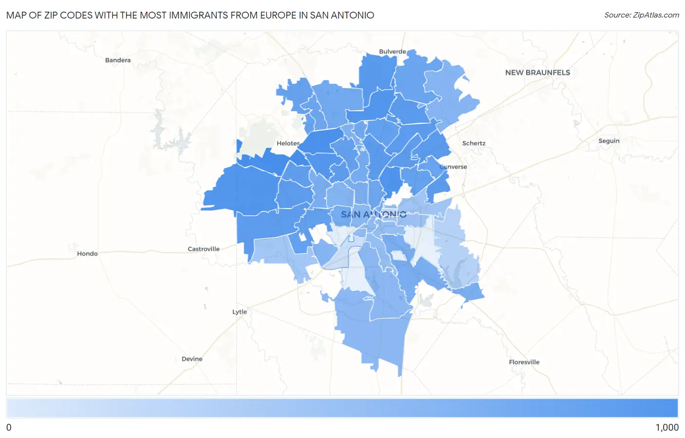 Zip Codes with the Most Immigrants from Europe in San Antonio Map