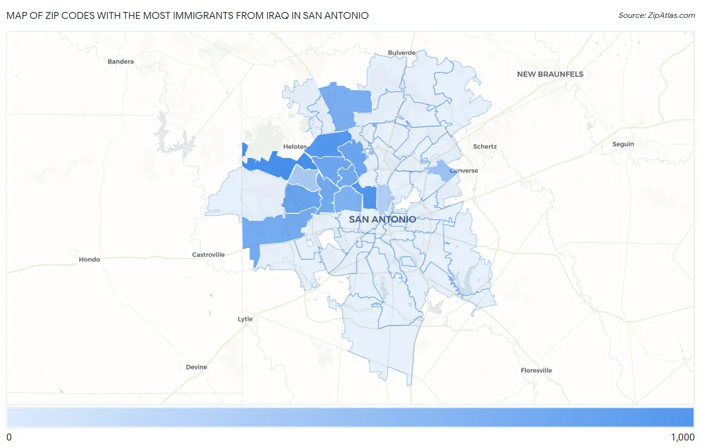 Zip Codes with the Most Immigrants from Iraq in San Antonio Map