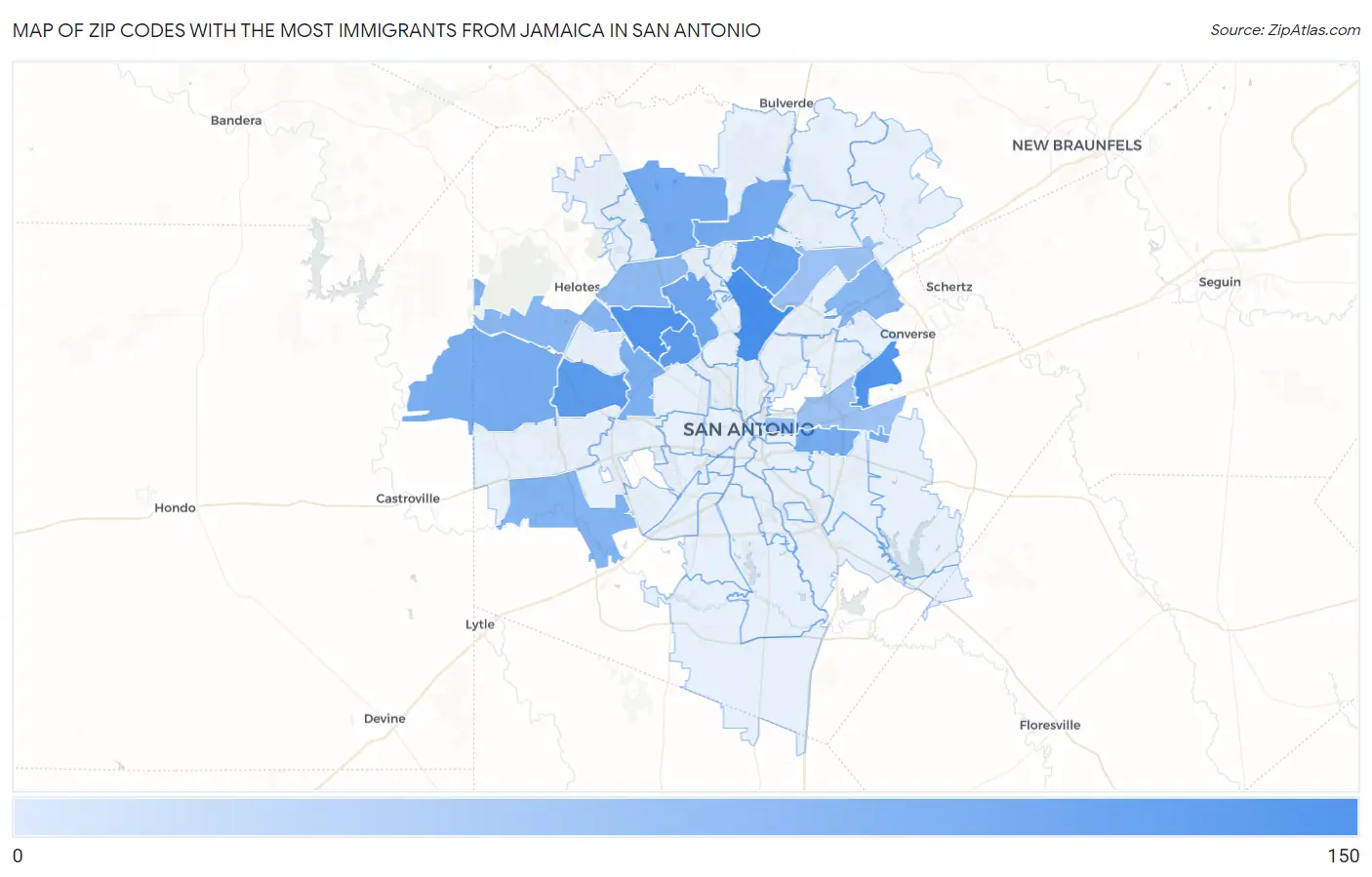 Zip Codes with the Most Immigrants from Jamaica in San Antonio Map