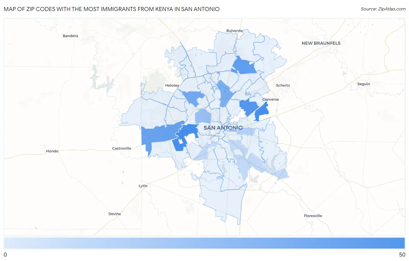 Zip Codes with the Most Immigrants from Kenya in San Antonio Map