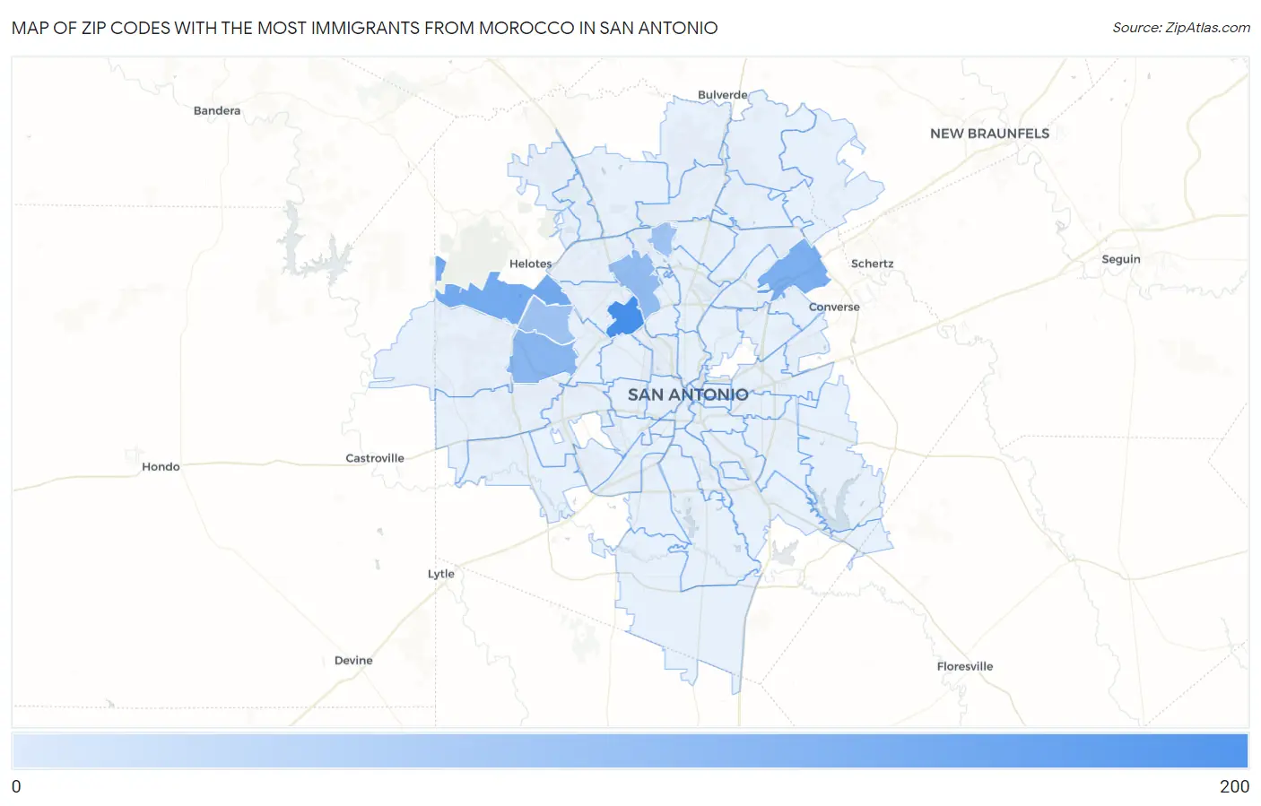 Zip Codes with the Most Immigrants from Morocco in San Antonio Map