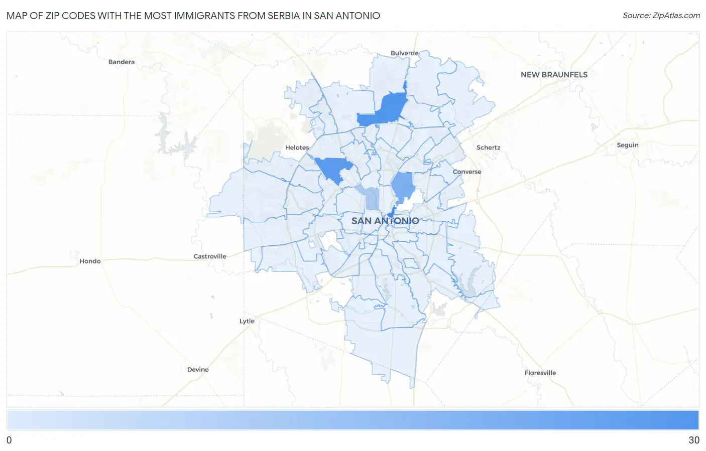 Zip Codes with the Most Immigrants from Serbia in San Antonio Map