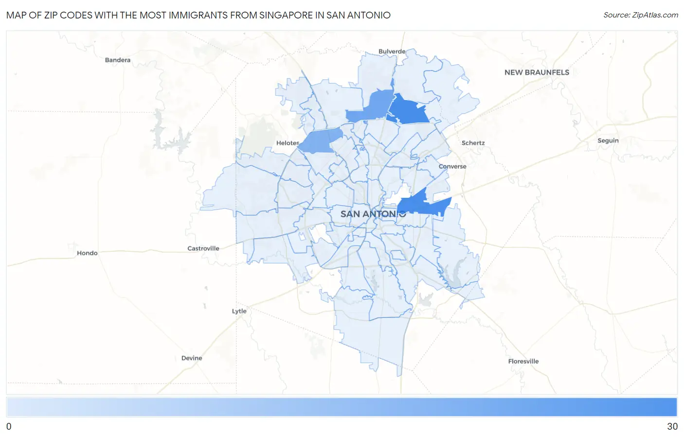 Zip Codes with the Most Immigrants from Singapore in San Antonio Map