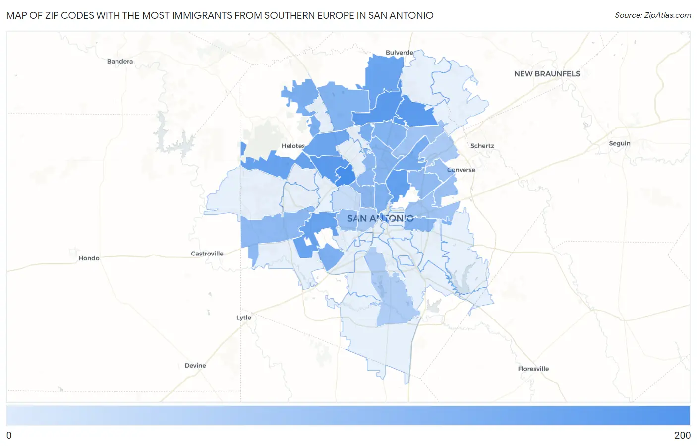 Zip Codes with the Most Immigrants from Southern Europe in San Antonio Map