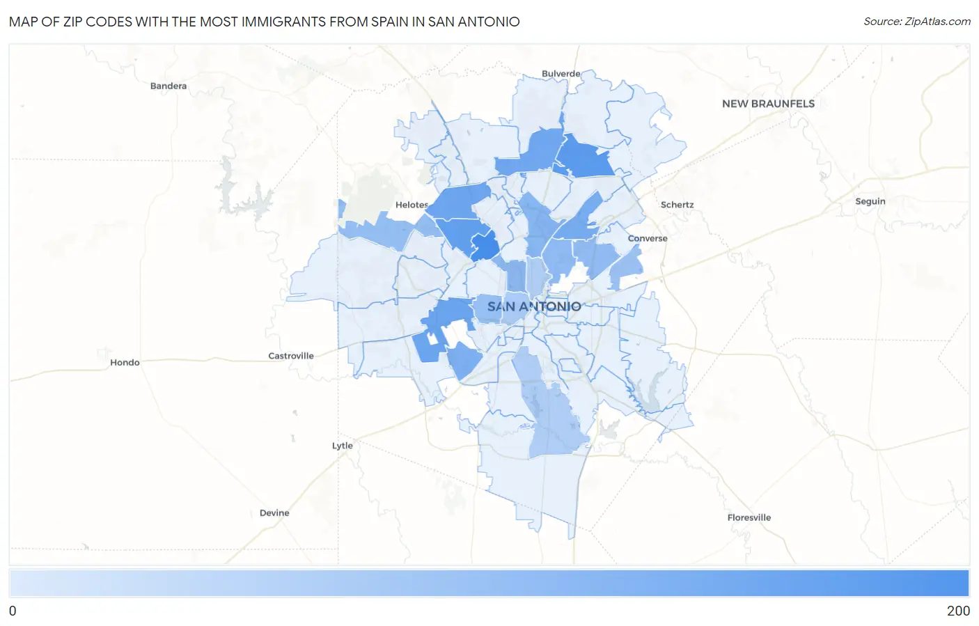 Zip Codes with the Most Immigrants from Spain in San Antonio Map