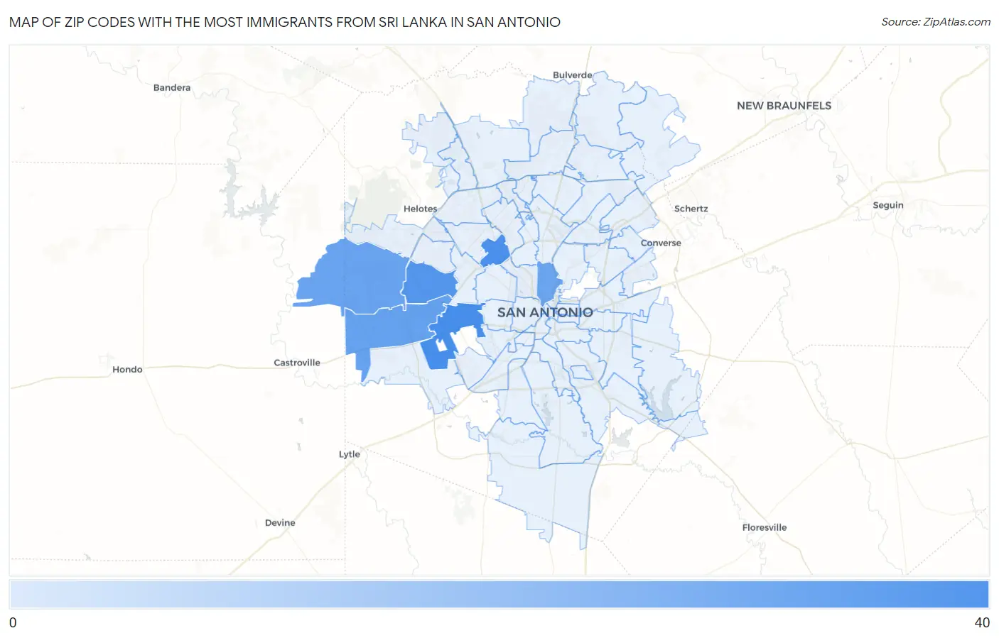 Zip Codes with the Most Immigrants from Sri Lanka in San Antonio Map