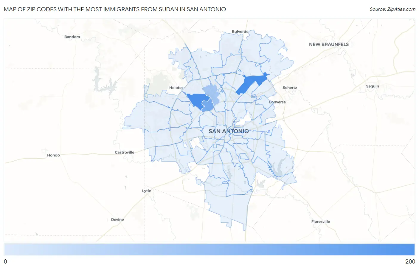 Zip Codes with the Most Immigrants from Sudan in San Antonio Map